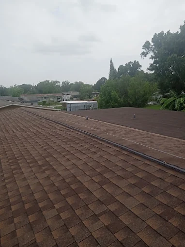 Wide shot of a completed shingle roof
